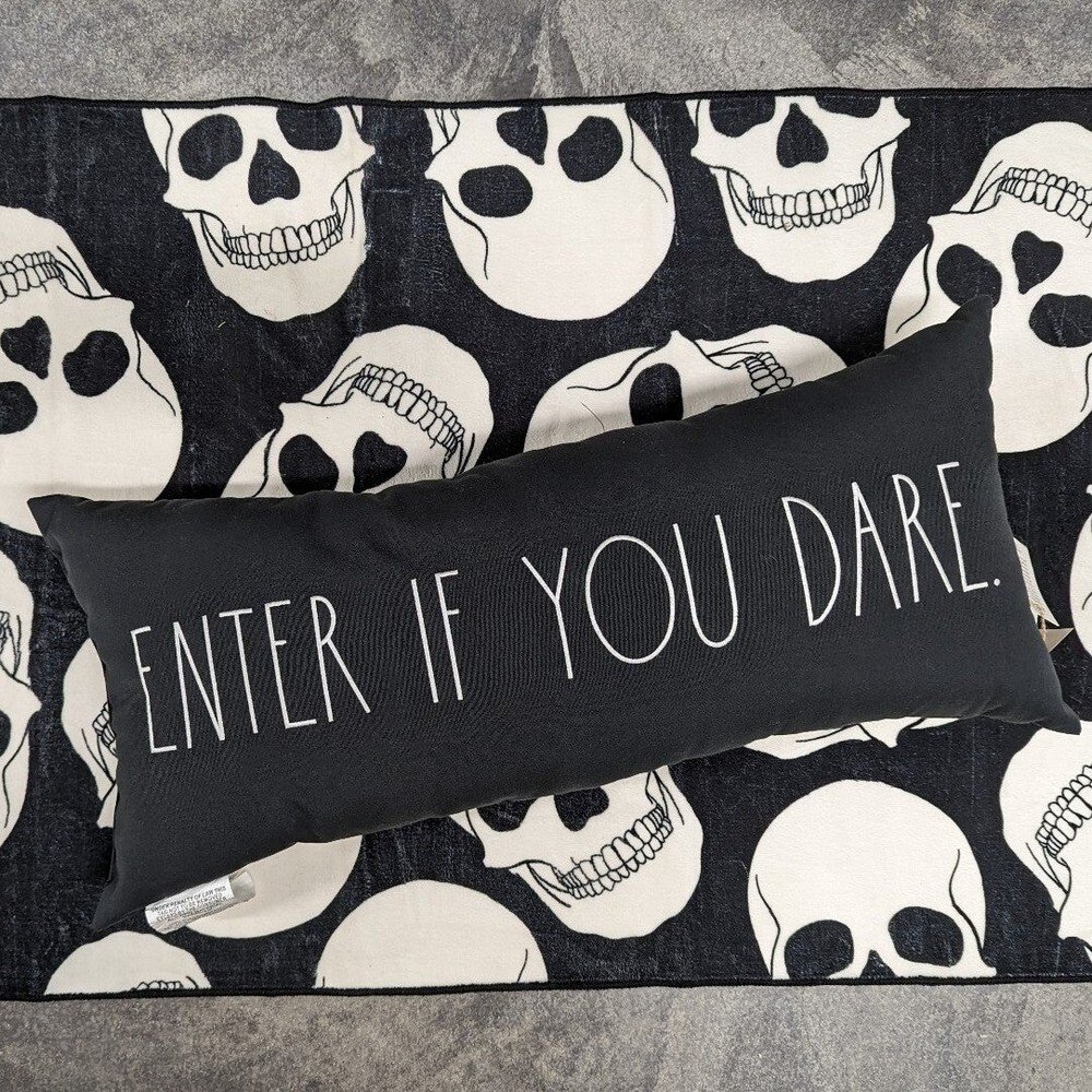 Rae‎ Dunn Black Oblong 13" x 30" ENTER OF YOU DARE throw pillow Halloween Punk